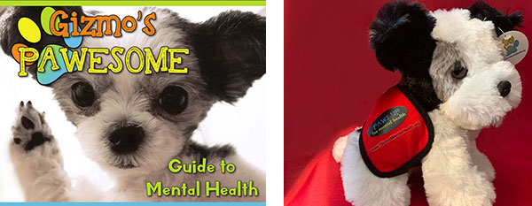 Cover of the Gizmo's Pawesome Guide to Mental Health Book, shown with a Gizmo stuffed animal.